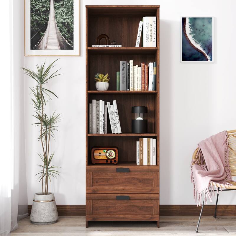 71" Tall Bookshelf with 2 Drawers & 4 Open Shelves, Modern Wood Bookcase with Storage Cabinet, Freestanding Display Bookshelves - Walnut