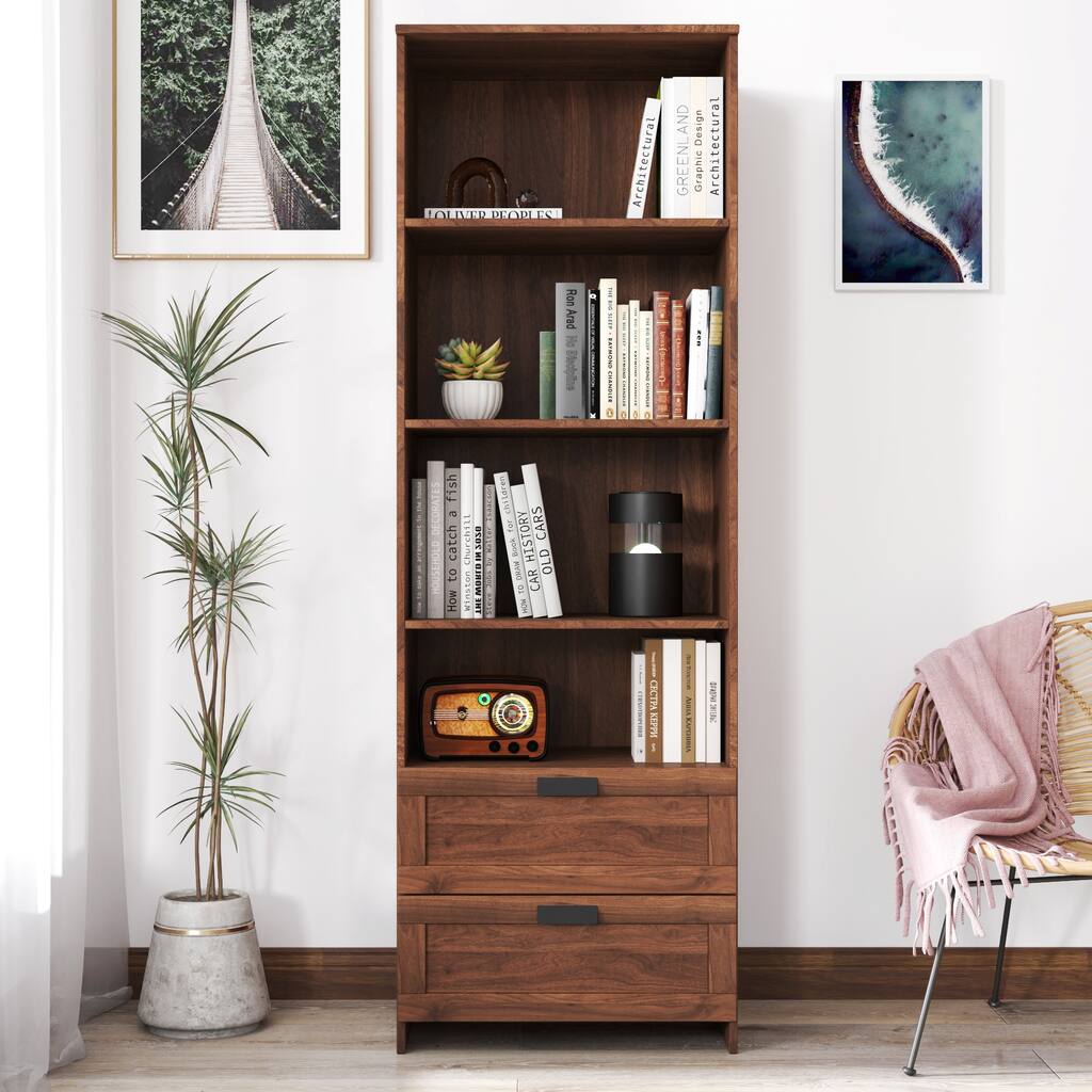 Anmytek Walnut Bookcase with 2 Drawers Tall Display Shelf for Living Room and Home Office Storage