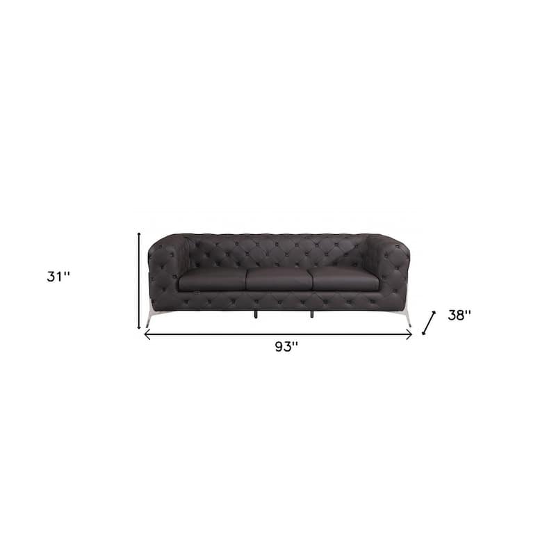 93" Brown Italian Leather Sofa With Silver Legs - 31" H x 93" W x 38" D
