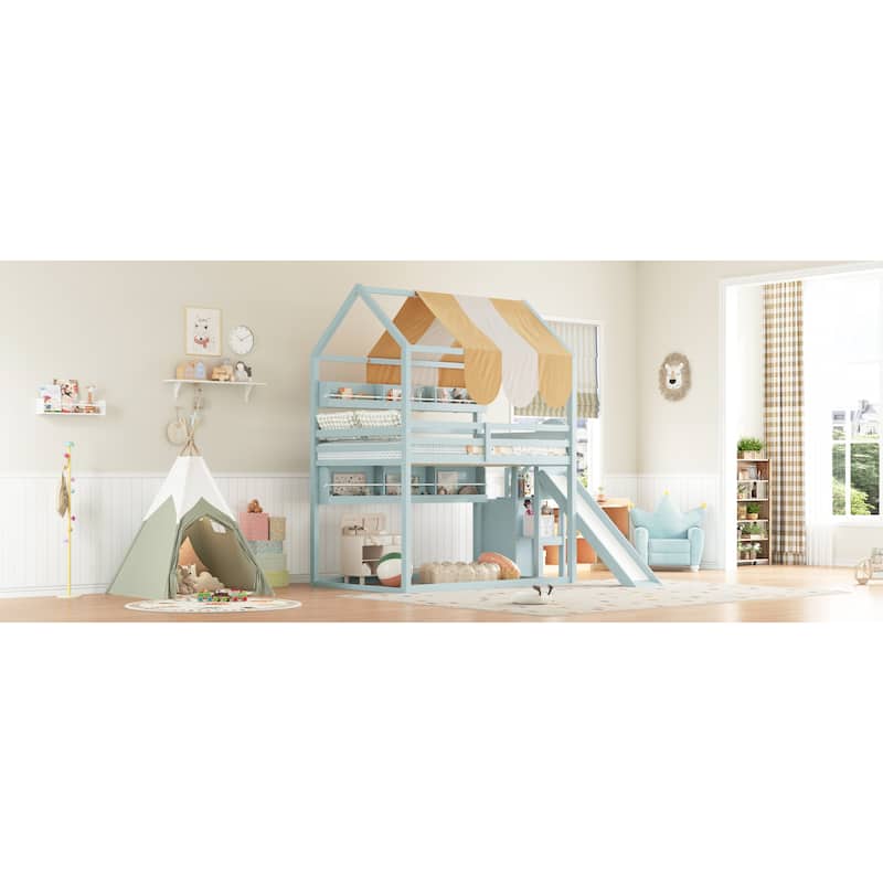 GDFStudio - Wooden Full Size House Bed with Canopy, Slide and Bookshelves