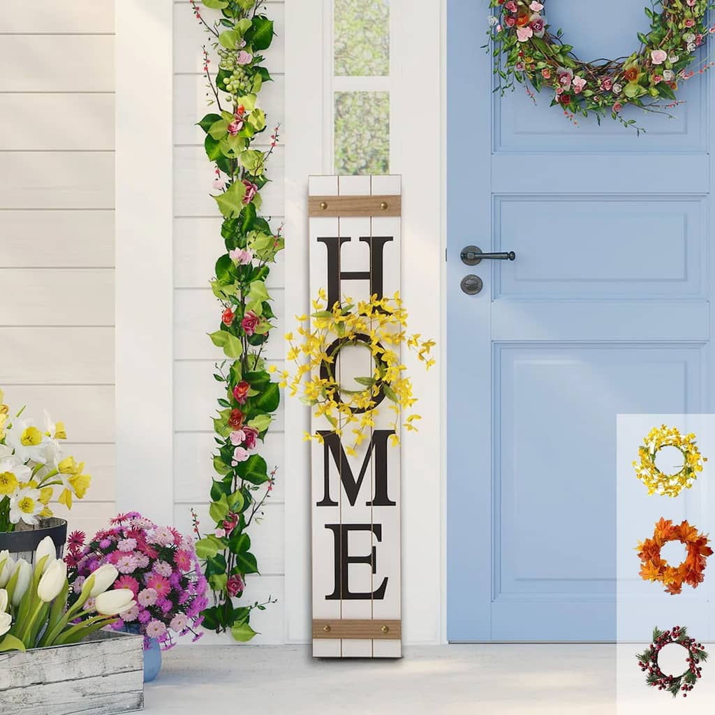Glitzhome 42"H Home Porch Sign with 3 Interchangeable Floral Wreaths Outdoor Christmas Decorations