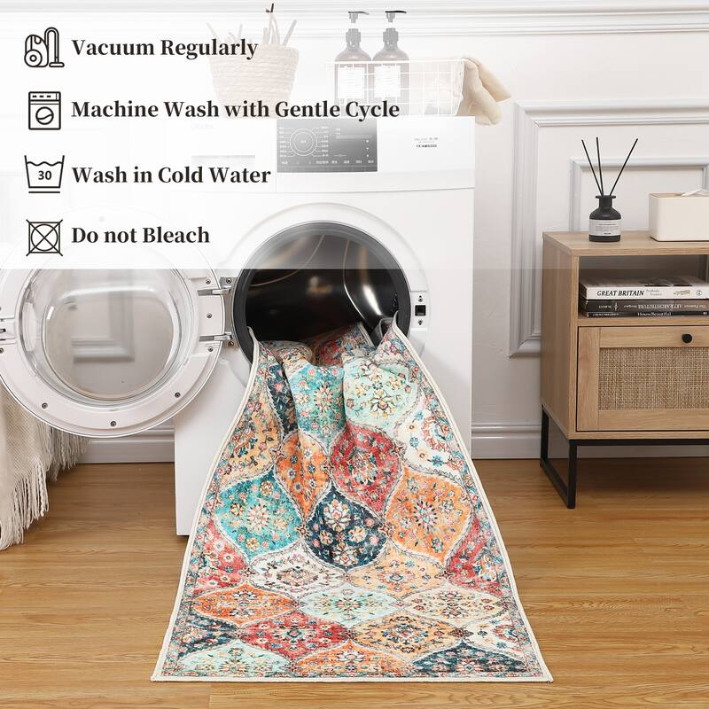 Rugs for Living Room Vintage Oriental Trellis Area Rug Soft Non Slip Low Pile Accent Rugs for Dining Room Office