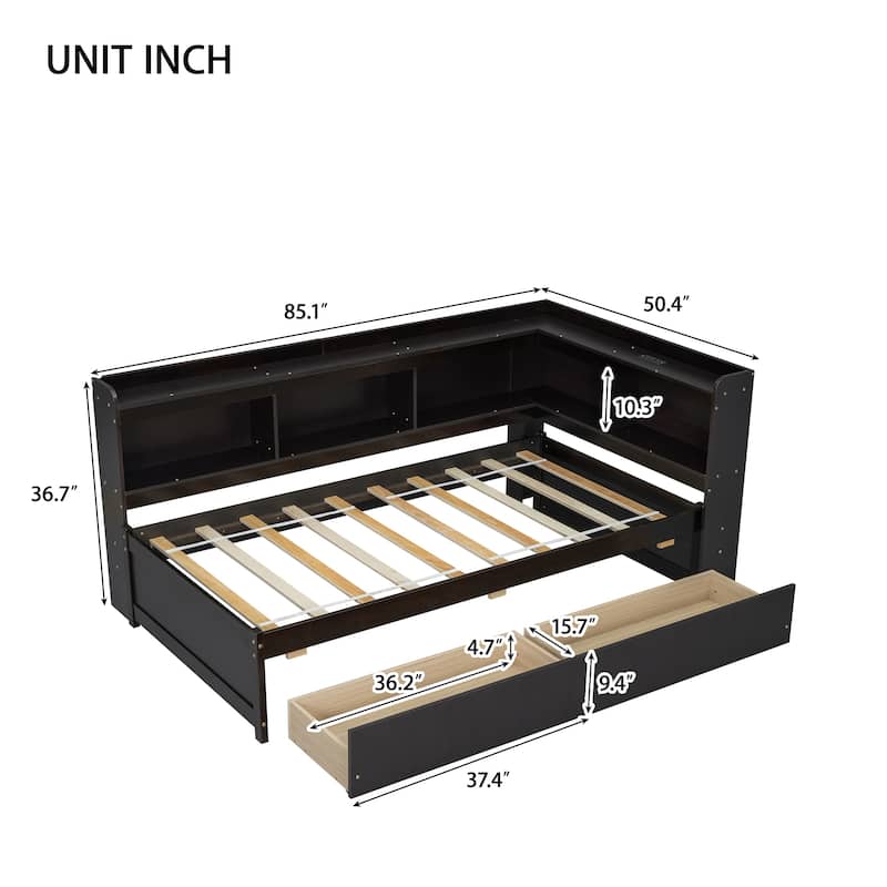 Corner Daybed Bookcases Bed with Power Outlets and Charging Ports, L-Shaped Storage Bed Frame Captains Bed with 2 Drawers