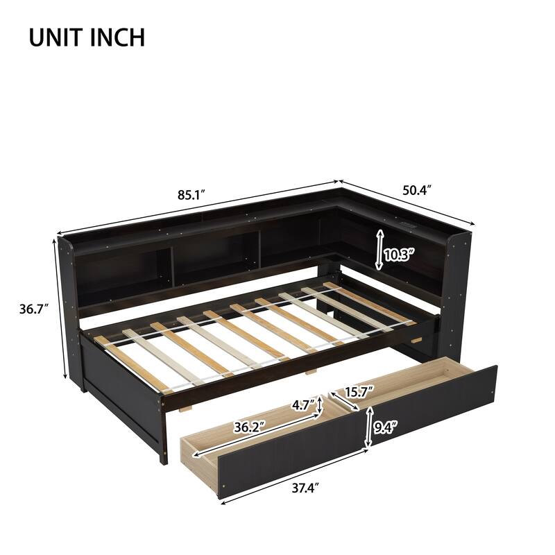 Wooden Platform Sofa Bed Frame with L Shaped Bookcase and Charging Station, Living Room Corner Daybed with 2 Storage Drawers