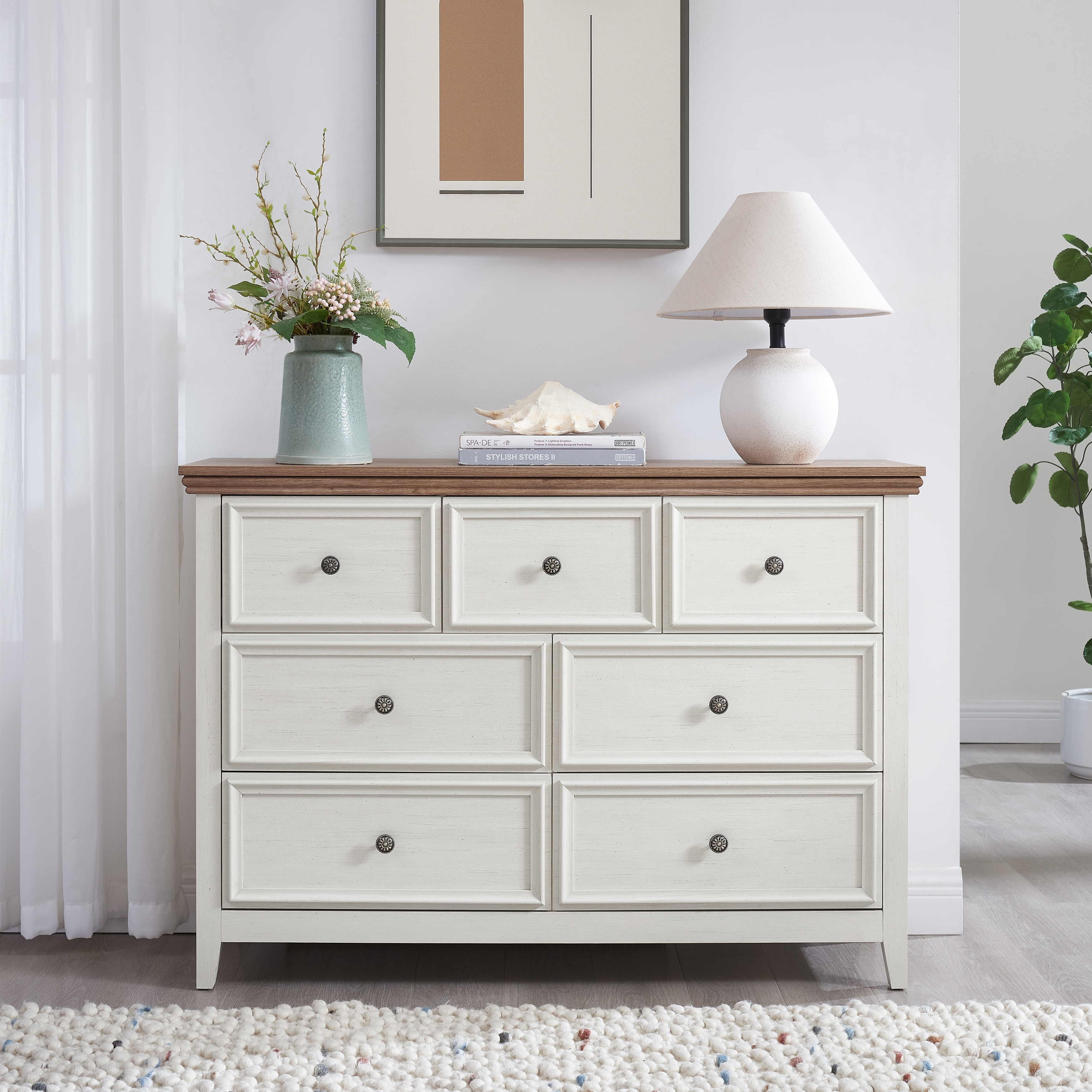 Beige Modern 7-Drawer Dresser, Spacious Clothes Storage Cabinet