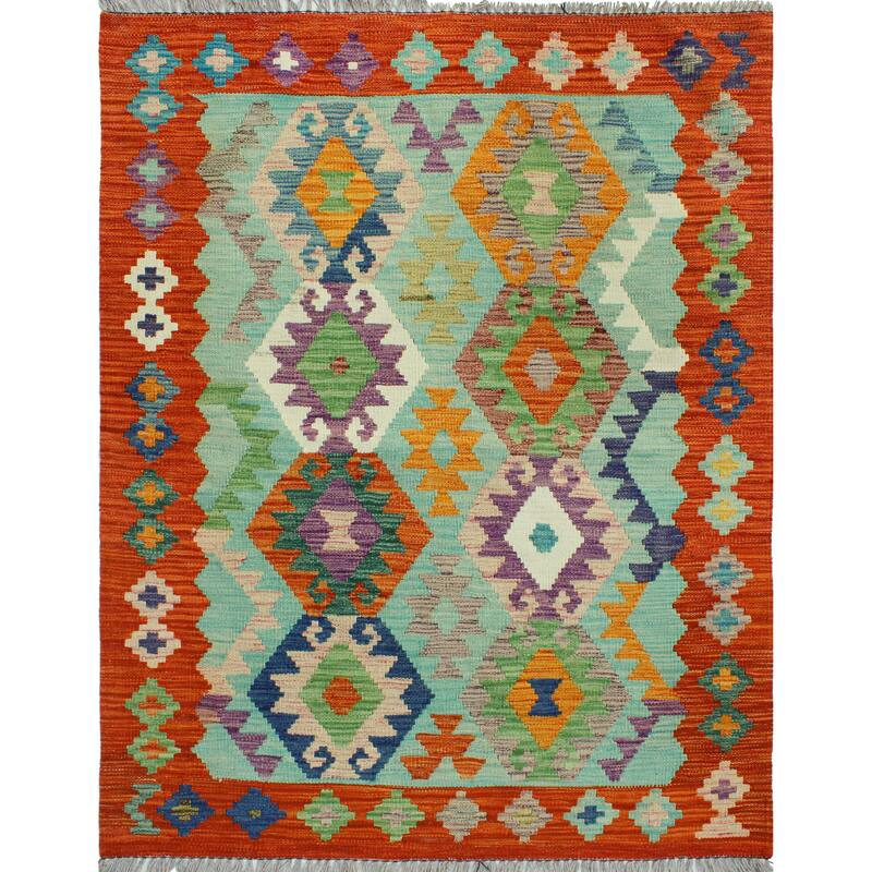 Flatweave Rihab Green/Red Rug - 3'5" x 4'7"