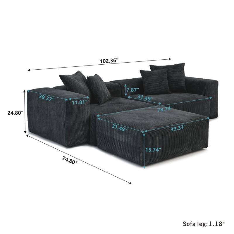 102" Oversized Corduroy Modular Sofa Reversible Couch with Ottoman