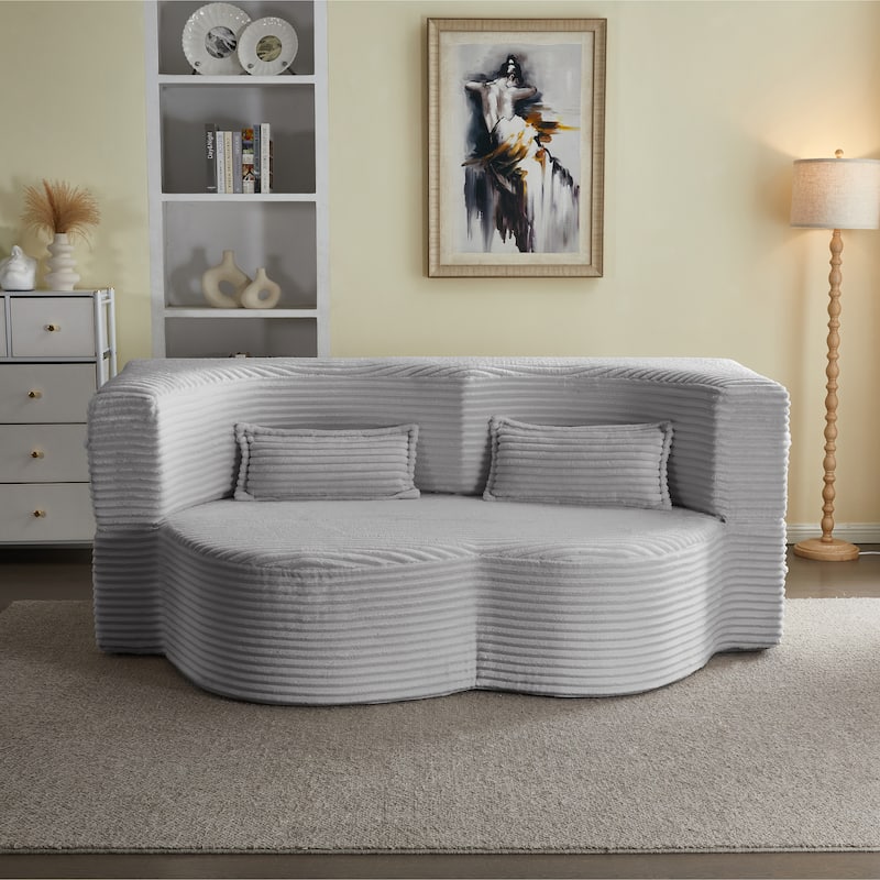 Full Size Floor Sleeper Sofa - 15" Folding Mattress, No Assembly Corduroy Sofa Bed with 2 Pillows