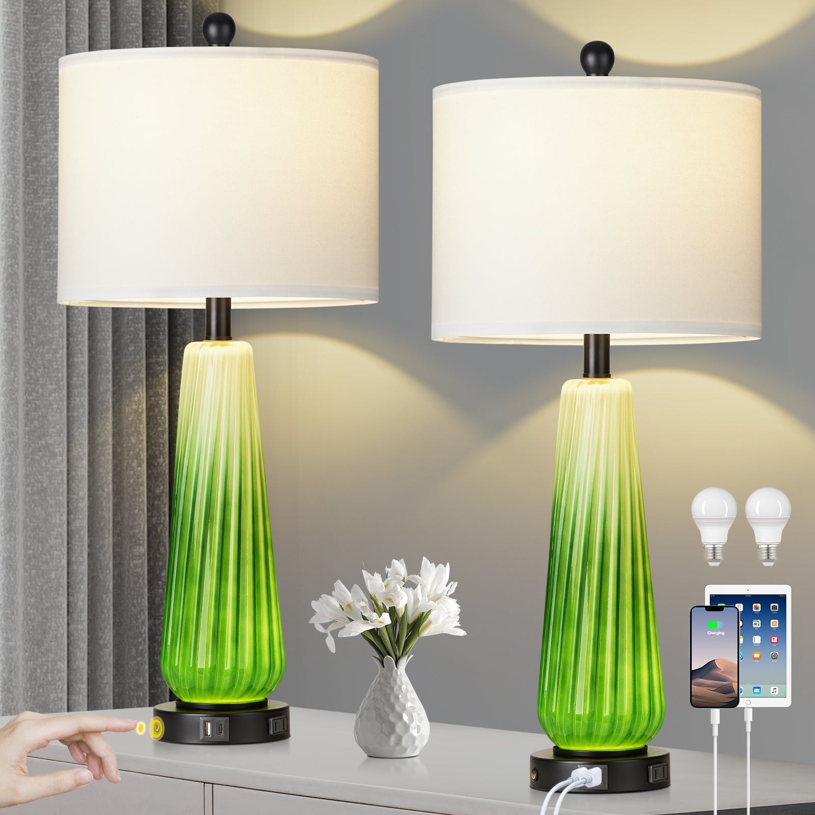 Table Lamps Nightlight 2in1 Glass Green Ripple Style with Rotary Switch