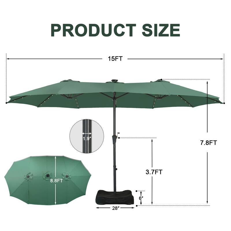 Autlaycil 15ft Retangle Patio Umbrella with Solar Lights & Base