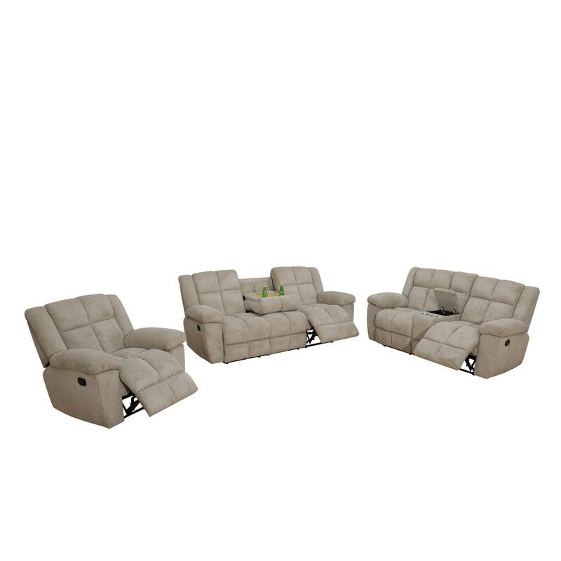 Beige Corduroy 3-Piece Living Room Recliner Sofa set