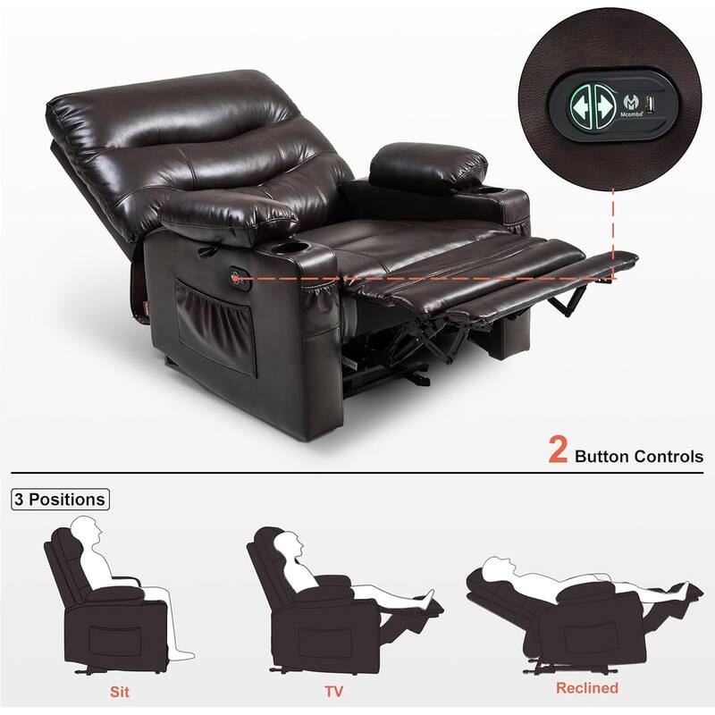 Large Power Faux Leather Recliner Chair with Heat and Massage, Cup Holder, USB Port