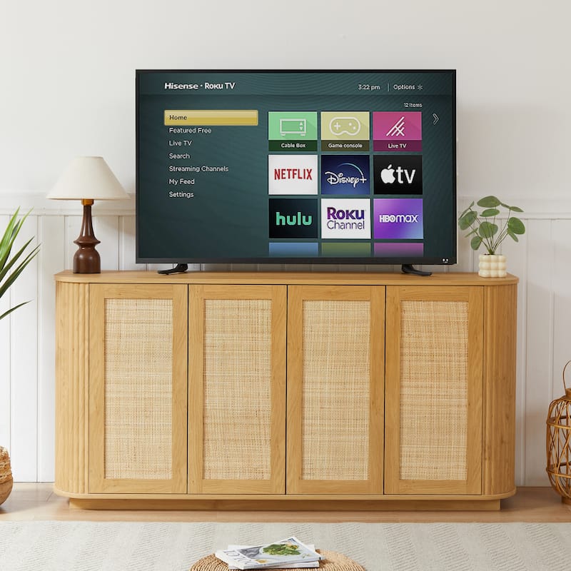 64-inch Rattan TV Stand with 4 Doors and Adjustable Shelves, Large Storage Accent Cabinet Credenzas, Modern Console Table