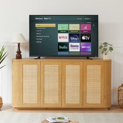 Wood Vertical Striped Cabinet with Rattan Doors, Wave Shaped TV Stand, Rounded Corner Sideboard Storage Cabinet Buffet