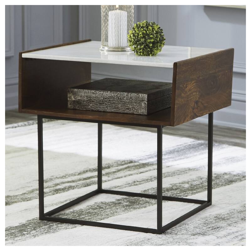 Rusitori Rectangular End Table - 24"W x 22"D x 25"H - 24"W x 22"D x 25"H - Brown/Black - Marble