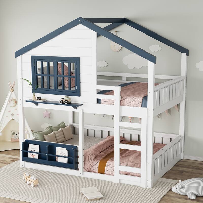 Full/Twin Bunk Bed with Bookshelf, House Design Loft Bed with Safety Fencing, High-Quality Kids Bed Frame