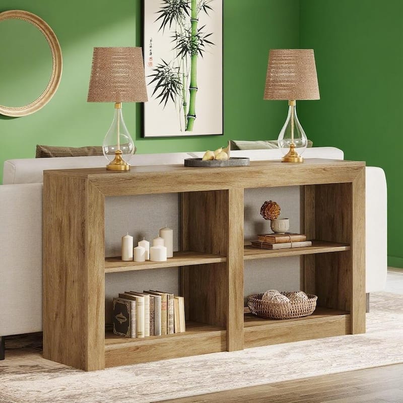 Rustic Brown 3-Tier Console Table with 4-Section Shelves MDF Wood Foyer, Sofa, or TV Stand 59 Inch - 59.06" x 13.78" x 33.46"