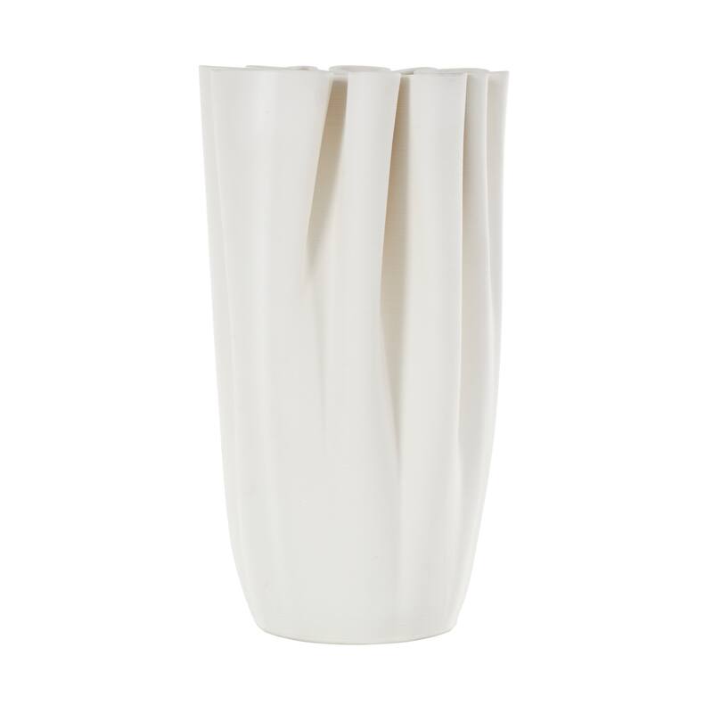 White Ceramic Ribbed Dimensional Folded Abstract Vase with Compact Wavy Rim