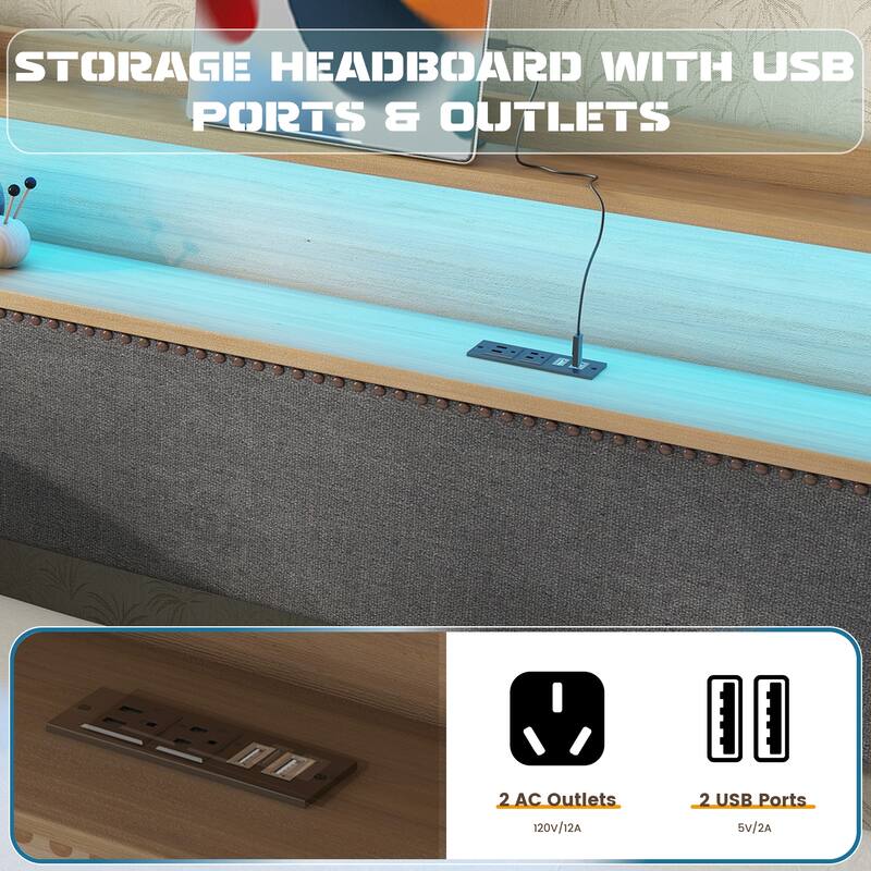 Twin Size Sofa with Trundle,Upholstered Daybed with Charging Station and LED Lights