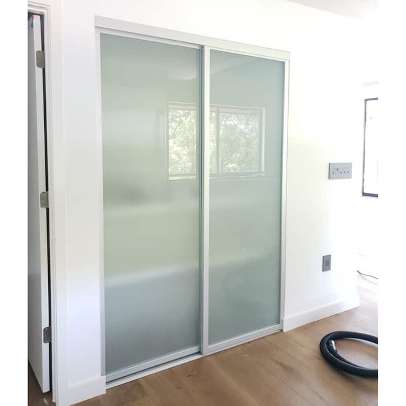 THE SLIDING DOOR COMPANY 2 Panel, Sliding Closet Doors, Frosted Glass, Aluminum Frame on double track. - 72" Width X 96" Height - Silver