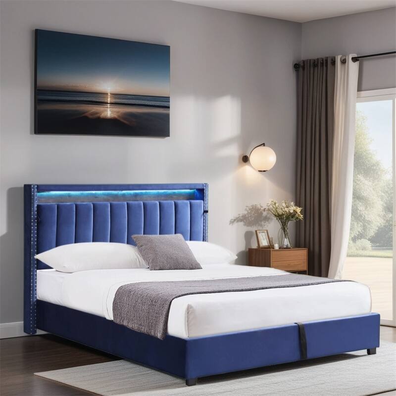 Full Size Velvet Platform Bed with LED Lights and Storage Headboard