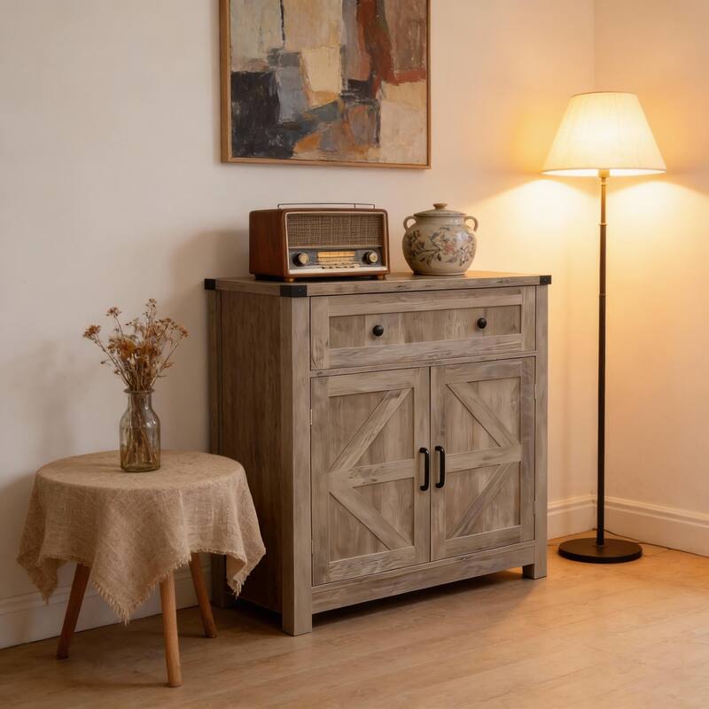 Farmhouse Barn-Door Storage Cabinet, Coffee Bar Buffet Sideboard with Drawer for Kitchen & Living Room