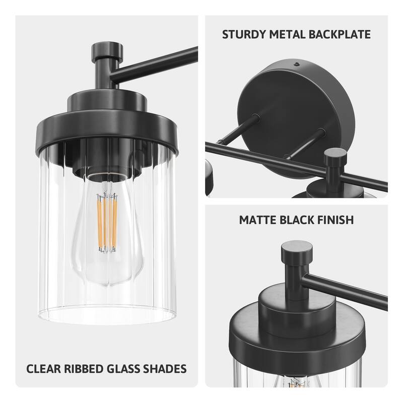 Modern Dimmable Vanity Light with Clear Ribbed Glass Shades E26 Sockets