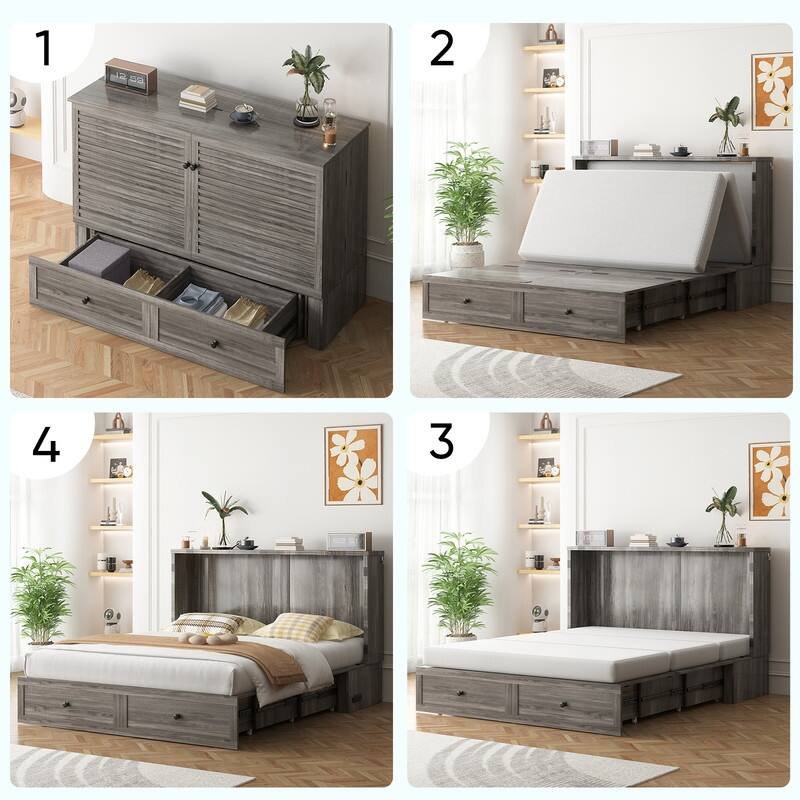 Mixoy Modern Queen Size Murphy Bed with 4.7''Mattress,USB ports,Storage Drawers