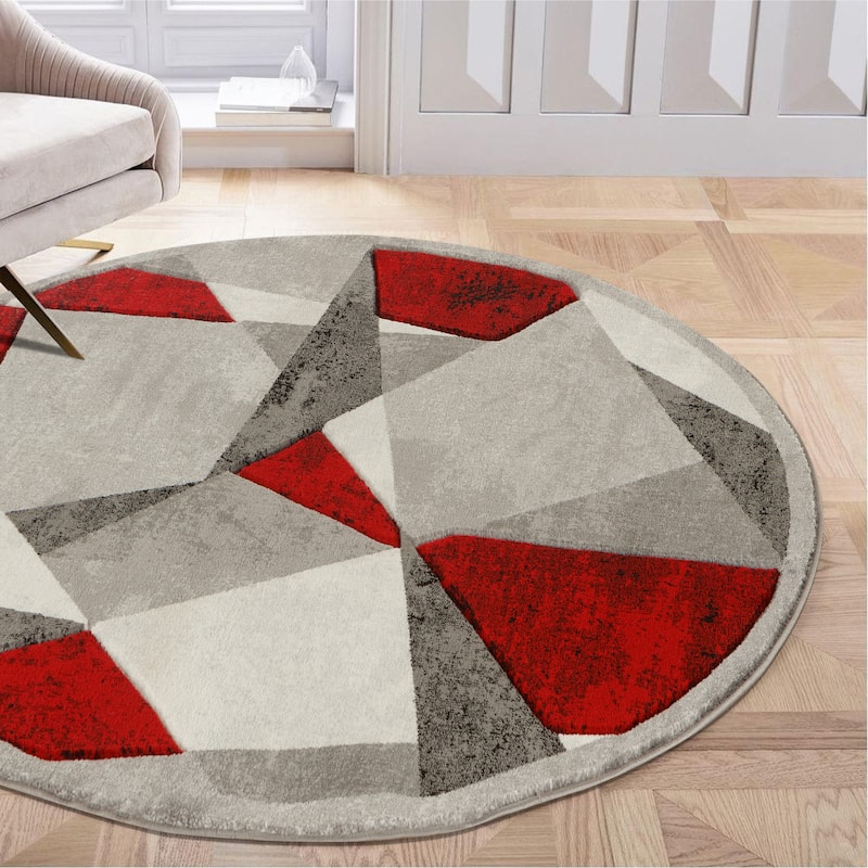 Orelsi Collection Abstract Area Rug - 8'1'' Round - Red/Grey