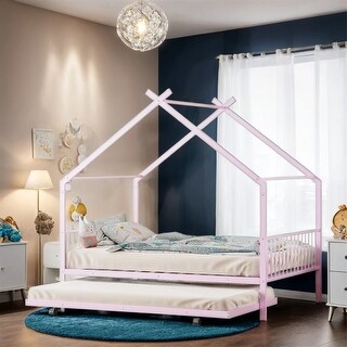 Full Size Metal House Bed with Twin Size Trundle
