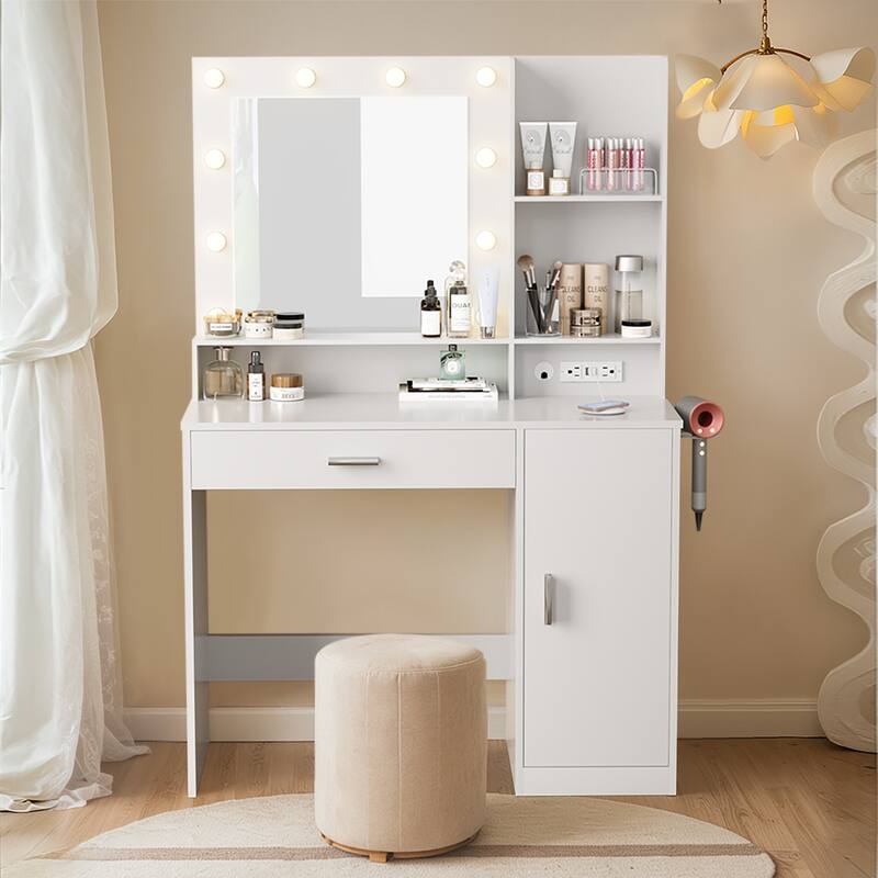 Furniwell Makeup Dresser Desk Table with Lighted Mirror,Vanity Desk with Charging Station, 1 Drawers, 10 LED Light - White