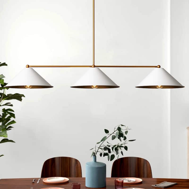 3-Light Modern Industrial Black& Gold Island Pendant Light Metal Cone Linear Chandeliers For Dining Room