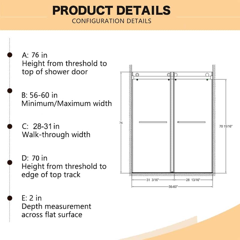 56"-60"W x 76"H Frameless Shower Door,Double Sliding Shower Door