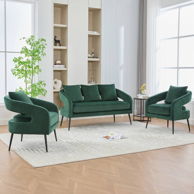 53.7" W Loveseat Sofa with 2 Accent Chair,3-Piece Living Room Furniture Sets with Pillows and Metal Legs - Green