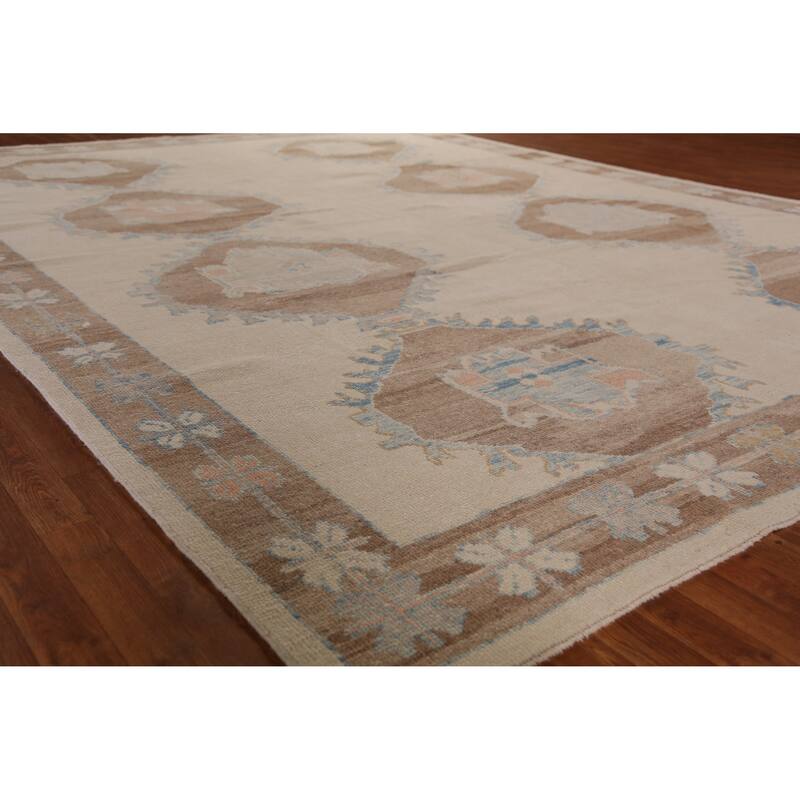 Hand Knotted Oriental 100% Wool Carpet Transitional Geometric Beige & Ivories Oushak Area Rug - 13' 6'' X 10' 3''