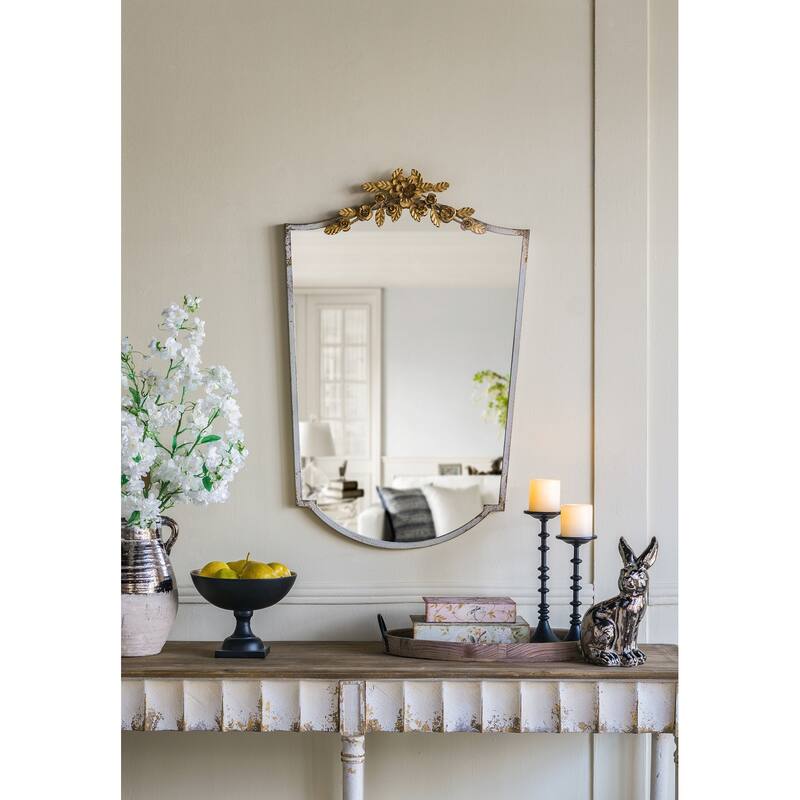 Decorative Arched Wall Mirror with Distressed Ivory Frame