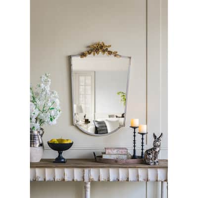 Decorative Arched Wall Mirror with Distressed Ivory Frame