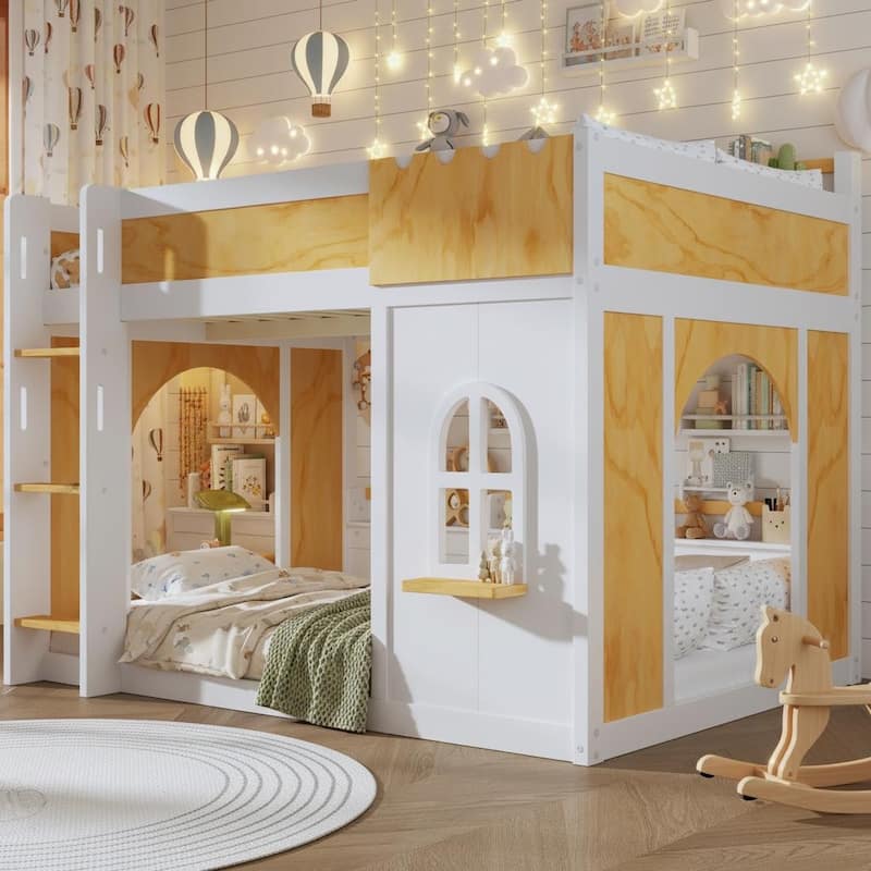 Loft Bunk Bed with Storage Shelves, Window and Two Doors by Harper&Bright Designs