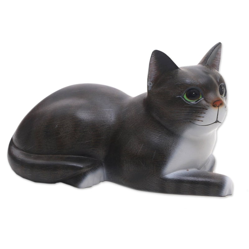 Novica Handmade Lying Cat In Grey Wood Sculpture