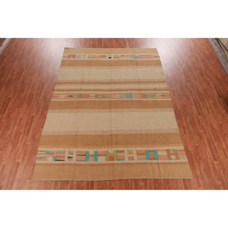 Hand Woven Oriental 100% Jute Carpet Modern Stripe Multi-Colored Kilim Area Rug - 12' 0'' X 8' 10''