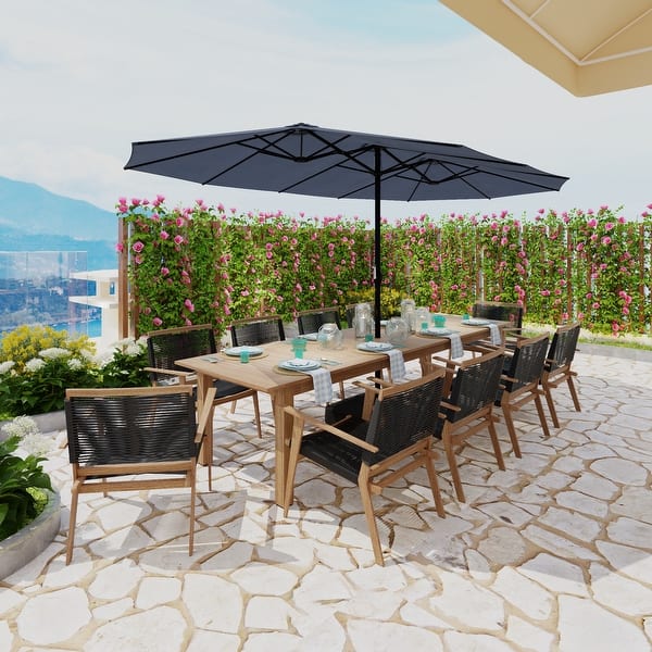 15ft x 9ft Double Patio Umbrella with Base and Sandbags, Extra Large Twin Outdoor Market Umbrella with Auto Tilt, 180g Polyester - Navy