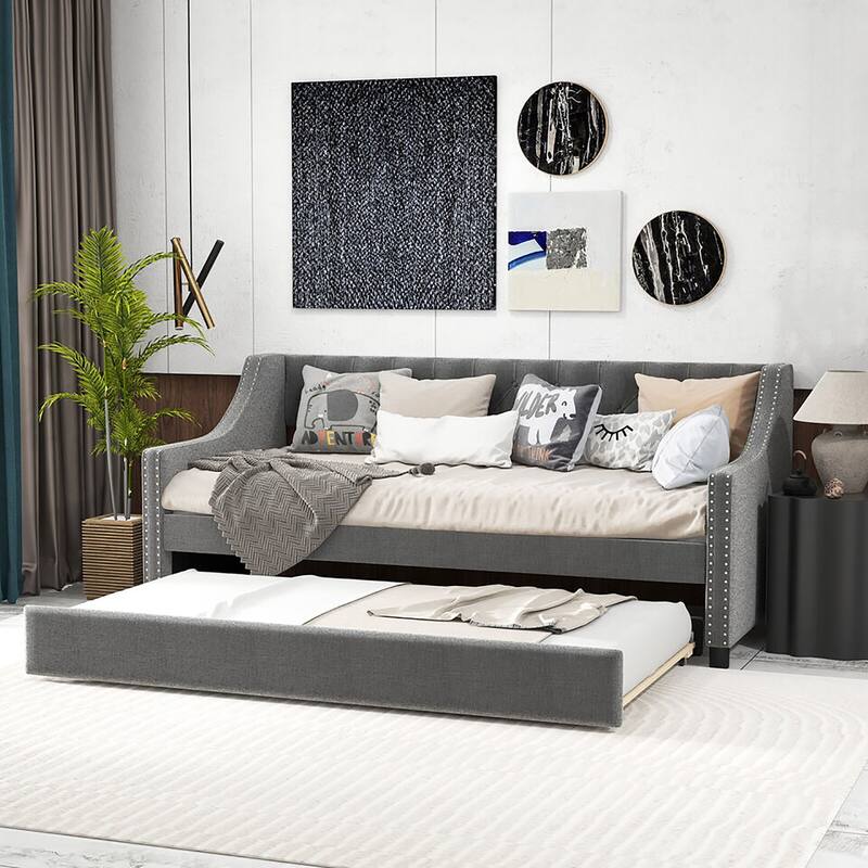 Gymax Twin Size Daybed w/ Trundle wingback Armrests & Button Tufted