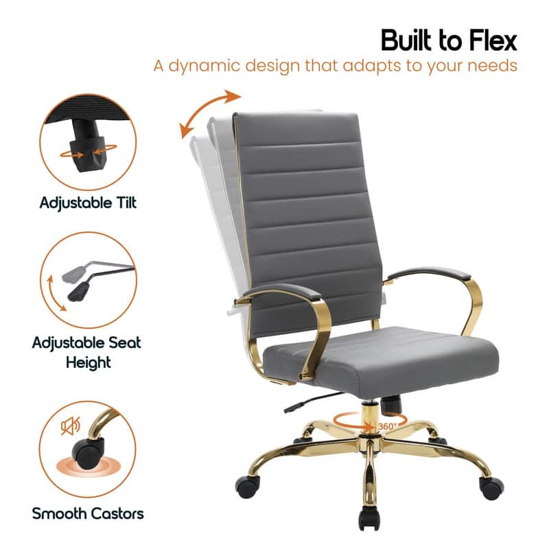 Benmar Ergonomic Ribbed Backrest Leather Executive Office Chair with Gold Frame, Adjustable Height, Tilt, Swivel, Smooth Casters