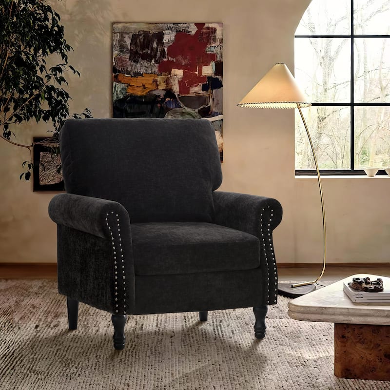 Modern Upholstered Armchair Nailhead Trim Accent Chair with Wood Legs - Black
