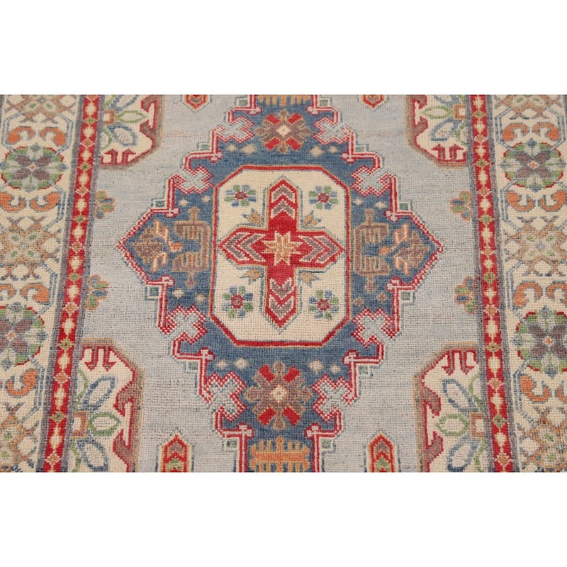 Geometric Grey Kazak Oriental Accent Rug Hand-Knotted Wool Carpet - 3'3"x 4'11"