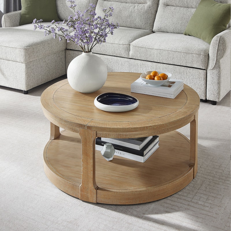Mid-Century Rustic Style 40inch Large Curved 2 Tier Round Circle Wooden Center Coffee Table - Light Brown