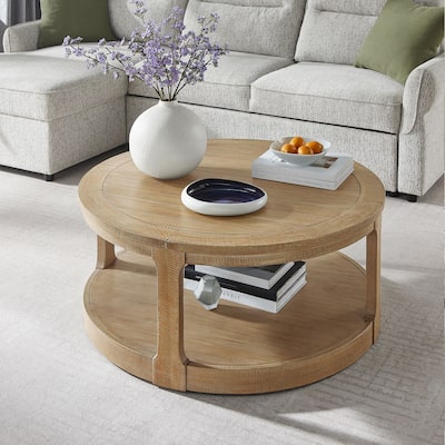 Mid-Century Rustic Style 40inch Large Curved 2 Tier Round Circle Wooden Center Coffee Table