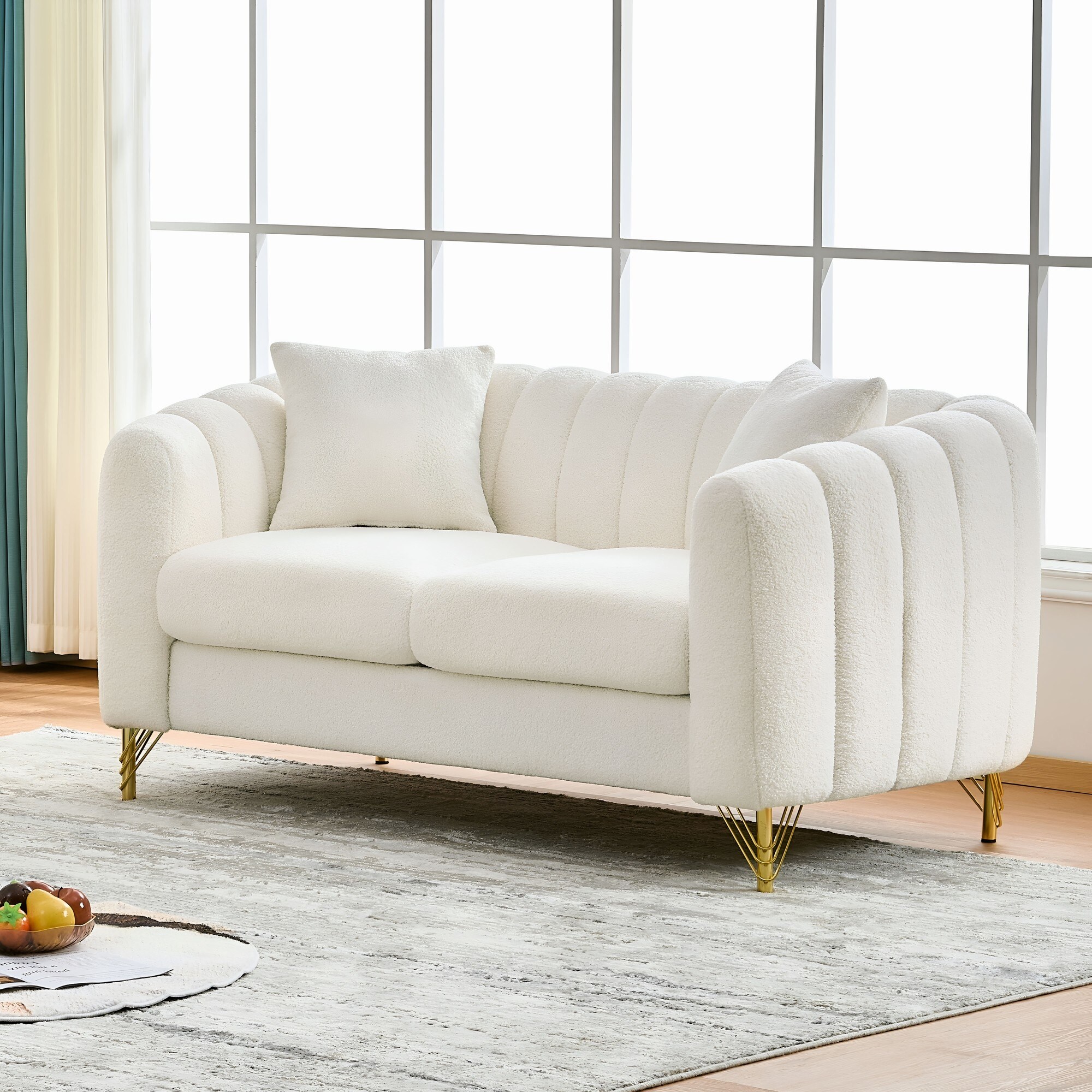Luxurious 2-Seater Deep Seat Sofa Couch Loveseat Sofa with Metal Legs, Sofa Couch with Throw Pillows