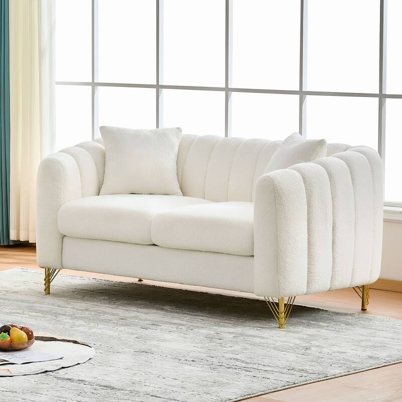 Luxurious 2-Seater Deep Seat Sofa Couch Loveseat Sofa with Metal Legs, Sofa Couch with Throw Pillows - Beige