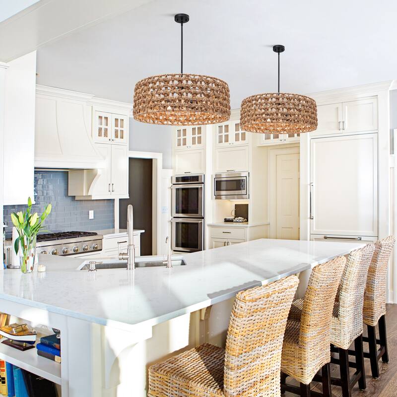 5-Light Rattan Drum Chandelier Coastal Island Pendant Light for Dining Room - 26" W x 9.8" H